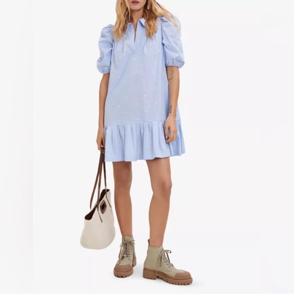 Maje Heart Embroidered Puff Sleeve Ruffle Shirt Dress, Blue Poplin FR 40, US 8